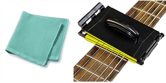 microfiber bez veya gitar tel temizleme aparatı ile temizlemek